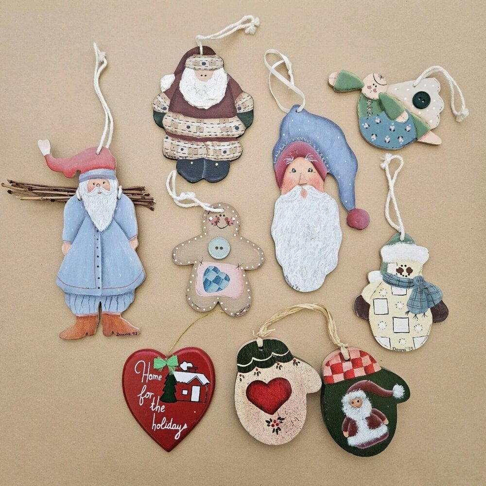 8 Handmade Painted Vintage Flat Wood Christmas Ornaments Country Folk Art 90s